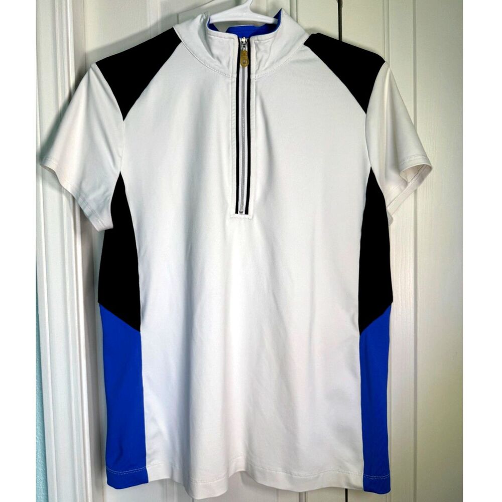 Chico's Zenergy Golf Polo Short Sleeve 1/4 Zip White with Black/Blue Size 1 (M)